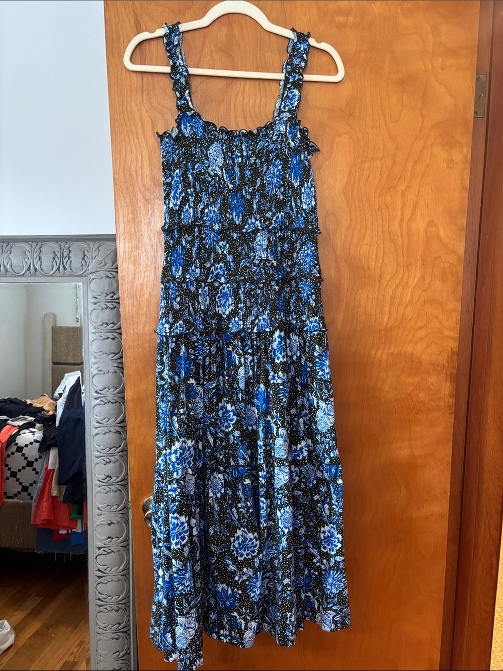 ME+EM Blue and Olive Floral Smocked Maxi Dress